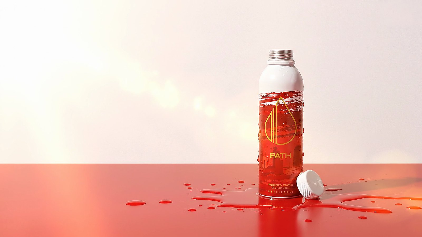 The PATH Bahrain Limited Edition bottle, freshly refilled, with water drops on the red table around it